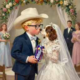 masterpiece painting of the Milkybar kid with blonde hair, cowboy hat and glasses, kissing dog bride, on the altar, at their wedding. In the style of Norman Rockwell