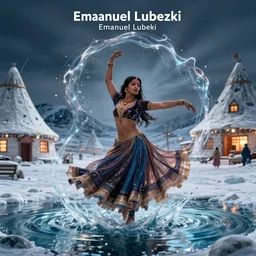 VFX movie of a Indian woman dancing with magic flowing antigravity water in an Eskimo village by Emmanuel Lubezki