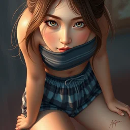 a beautiful korean woman with hazel eyes and brown hair, wearing plaid pleat shorts and drawstring shirred tube top, stunning, highly detailed, digital painting, artstation, hard focus, art by artgerm and wlop
