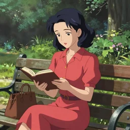 a beautiful girl with dark hair dressed in a 1940's style, reading a book, sitting on a bench, park background, rich vivid colors, ambient lighting, dynamic lighting, 4k, HQ, official media, anime key visual, makoto shinkai, ilya kuvshinov, lois van baarle, rossdraws, detailed, trending on artstation
