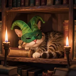 copic marker maine coon cat wearing zorro mask sleeping in wizard's library shelves books torchlight torches dark cozy mood