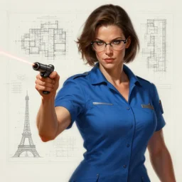 epic portrait of one slightly muscular woman wearing short sleeved blue uniform and carrying laser pointer, blueprint as background, glasses, detailed, digital painting, artstation, concept art, donato giancola, joseph christian leyendecker, wlop, boris vallejo, breathtaking, 8 k resolution, extremely detailed, beautiful, establishing shot, artistic, hyperrealistic, beautiful face, octane render