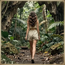 beautiful female model, symmetric photo, back view, walking into a cenote in a lush jungle, vintage photograph, long wavy brunette hair, faded