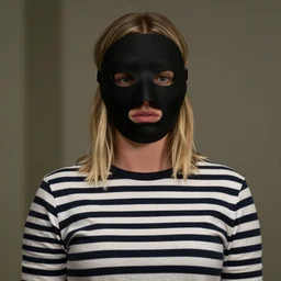 margo robbie in a striped shirt and a robber mask