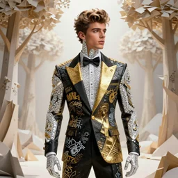 handsome athletic young man resembling zayn malik made out of ceramic steel and diamonds wearing a black tissue paper and gold geometric tuxedo by marc jacobs, paper graffiti, trees made out of origami, ethereal, fantasy, lawrence alma tadema, james jean, oozium, peter morbacher, angelarium, alchemy, luxury, heavenly light, soft illumination, cinematic lighting, very detailed, 3 d, octane render, artgerm, trending on artstation, cgi society