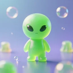 cute green jello alien, octane render, depth of field, refraction, caustics, bubbles