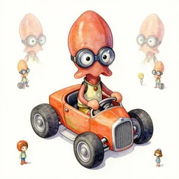 cute and funny, cartoon squid wearing goggles riding in a tiny hot rod with oversized engine, ratfink style by ed roth, centered award winning watercolor pen illustration, isometric illustration by chihiro iwasaki, edited by range murata, tiny details by artgerm and watercolor girl, symmetrically isometrically centered
