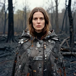 portrait of a woman wearing a cloak of scrap metal in a charred, burnt forest, by Annie Leibovitz and Steve McCurry, natural light, detailed face, CANON Eos C300, ƒ1.8, 35mm, 8K, medium-format print