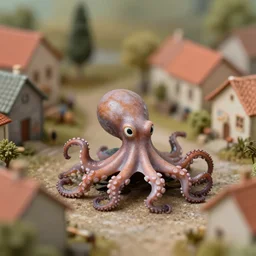 miniature scene of a shocked octopus in a little village, with shallow depth of field, featured in pictoplasma