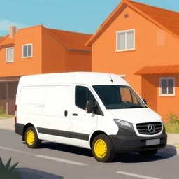 a white van with yellow wheels by orange houses, establishing shot, art by jordan grimmer