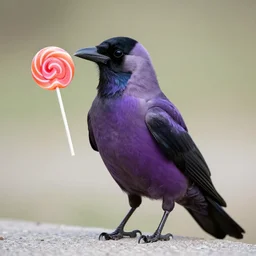purple crow holding a lollipop