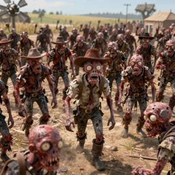 Horde of redneck zombies in Kansas, 3d scene, render, ultra realistic, zenith view, Greg Rutkowski, artstation, cgsociety, unreal engine, ray tracing, detailed illustration, hd, 4k, digital art, overdetailed art, concept art, complementing colors, Trending on artstation, deviantart