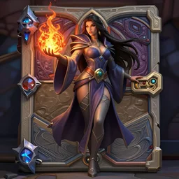 Hearthstone official professional art. A sorceress, wearing a robe casting a fire ball. Insanely logical & professional physical body parts (face, arms, legs, hair, eyes, insanely huge hips). Full body realistic, sharp focus, 8k high definition, insanely detailed, intricate, elegant, smooth, sharp focus, illustration, ArtStation