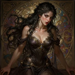 young Jennifer Connely as a sorceress , passionate , seductive, sweaty, intricate fashion clothing, insane, intricate, highly detailed, digital painting, artstation, concept art, smooth, sharp focus, illustration, Unreal Engine 5, 8K, art by artgerm and greg rutkowski and alphonse mucha