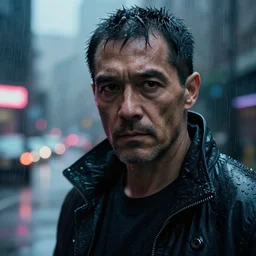 thick rain. grizzled face portrait. screenshot from the liveaction cyberpunk detective show. on the streets. moody. masterpiece masterwork, magnum opus, monumental achievement, classic gem, showpiece. octane render. nvidia amd graphics demo. lighting. trending. artstation cgsociety behance. 4 k. beyond style stylish polished slick smooth spectacle spectacular fantastic staggering stunning flashy.
