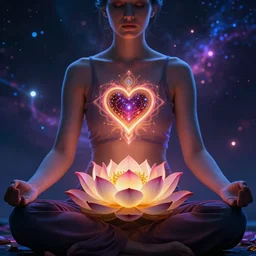 a woman meditating about the 1 2 petals of the heart chakra lotus in a cosmic universe beauty lady close up bokeh hiperrealistic neon glow darkness dramatic neon, sharp focus, octane render, imax