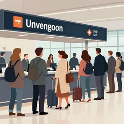the queen queuing at check in an airport, digital art by randy bishop