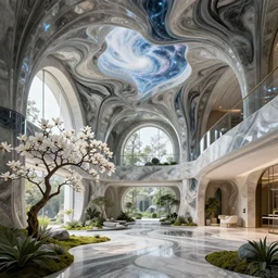 futuristic sharp focus biophilic villa interior with secret garden, arches, fractal ceiling, magnolia flowers trees granite ceramic porcelain stone nebula fluid colorful architecture landscape, highly detailed, marble, moss, vincent callebaut composition, mamou - mani, cinematic morning light, 8 k, unreal engine, uhd