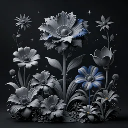 beautiful digital matte painting of whimsical botanical illustration grey and blue flowers enchanted dark background dark contrast by android jones, dollpunk