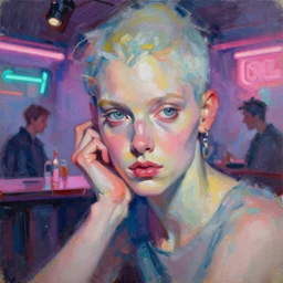 highly detailed expressionist oil painting of cyberpunk bar, neon glow, expressive, impasto, pastel shades, rough canvas textured, dynamic pose, top lighting, loose brush strokes, perfect face, hyper detailed face, digital painting, artstation, concept art, hyper detailed eyes, art by sam spratt and peter mohrbacher and james jean