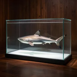 a glass rectangle box, inside is a shark, museum display, dark wooden walls, studio lighting
