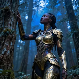 ultrarealistic very beautiful! black woman with detailed exoskeleton armor, touching tree in a forest, digital art masterpiece brad kunkle hannah yata dramatic blue light low angle hd 8k sharp focus