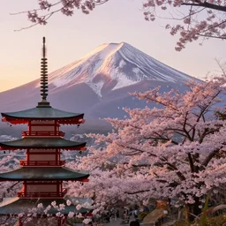 beautiful award winning photo of japan with a cherry blossom tree and mount fuji in the background, at sunset, 4 k, ultra hd, trending on unsplash