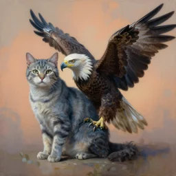 painting of hybrid between cat!! & eagle, intercrossed animal, mixture animal, by tiffany bozic, by zdzislaw beksinski, organic, nature study, accurate anatomy, cold hue's, warm tone gradient background, concept art, beautiful composition, digital painting,