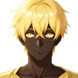 golden glowing black male anime character, blonde hair, yellow eyes, symmetrical, highly detailed, digital art, sharp focus, trending on art station, crazy hair, electricity everywhere