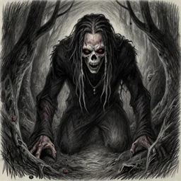 a monster lurks in the shadows, wiz khalifa, colored pencil drawing, surreal, macabre, grotesque, creepypasta, horror, terror, gothic, lovecraftian, cthulhu mythos, digital art trending on artstation
