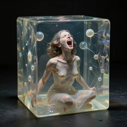 a surreal biomorphic woman screaming with joy inside a gelatinous cube of aspic of electrons, in the style of hans bellmer, detailed masterpiece, atmospheric, shadowy, cinematic, digital art, 4 k