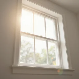 photo of interior design house, super detail of a white window in a bedroom, close up, view from bottom, sunday morning, sun, bokeh, lens flare, yellow light, diffuse light, instagram trending picture, instagram filter, professional photography