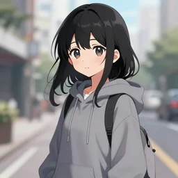 black haired girl wearing hoodie, city, anime key visual, pixiv ranking