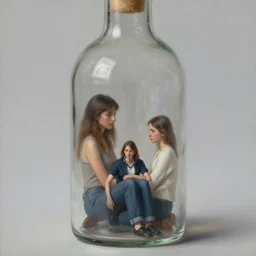 a tiny realistic proportioned man sitting down inside a glass bottle. beautiful detailed painting by artgerm and magali villanueve and michael whelan