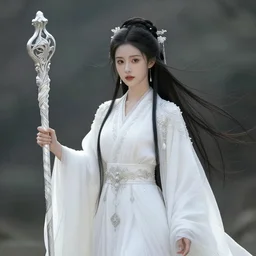 photograph of a real-life beautiful wind witch with ornate white robes and staff.  Extremely detailed. 8k