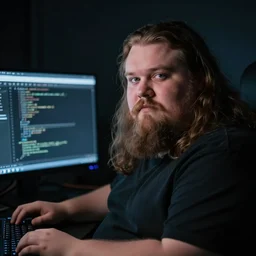 a cinematic headshot portrait of a fat man long hair facial hair sat in the dark on a pc coding ultra realistic