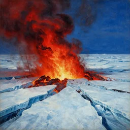 horrific painting of an ice floe meeting magma!!!!!! in the middle, in the style of vintage photography, textured, skewed perspective, last photo ever taken, apocalyptic event, red color palette on left side and blue color palette on right side