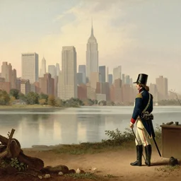 New York City in 1750,viewed by a soldier, in the style of the Hudson River School