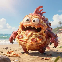 beautiful digital fantasy illustration of a pizza blobfish on the beach, but it is a horrible mutated frightening gross pizza hybrid creature, realistic, detailed, cinematic, hyperrealism, hyper realistic render, ultra detailed, octane, 3 d, light shining through, by petros afshar and chiho aoshima, smooth, sharp focus, illustration