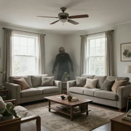 a real estate home interior photo. there is a horrifying creature trying poorly to blend into the background.