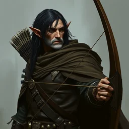 an older elf black - haired, archer with leather!! armor and long bow!! cloak, head and torso concept character art by bruce pennington and christophe vacher, trending on artstation