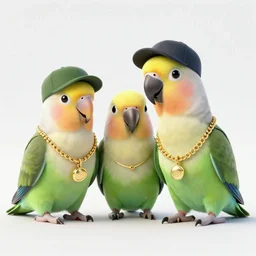 parrots dressed in golden rings, necklaces and with caps on head, rapping and sitting on golden trees, rap scene, trending on artstation, highly detailed, digital art, 8 k