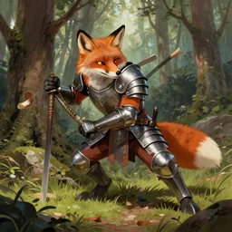 a cunning anthropomorphic fox warrior hunting in the forest, wearing metal plate armor, character illustration by greg rutkowski, thomas kindkade, alphonse mucha, loish, norman rockwell