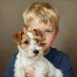 a three year old boy with short blonde hair with a very cute wire haired jack russell terrier puppy, white with brown patches over both eyes. detailed, high quality painting by artgerm and greg rutkowski and alphonse mucha