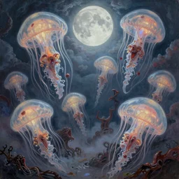 concept art of giant translucent glowing jellyfishes, lovecraftian divers, lots of teeth, melting horror, round moon, rich clouds, fighting the horrors of the unknown, high resolution, very detailed, roaring, volumetric light, mist, grim, fine art, decaying, textured oil over canvas, epic fantasy art, very colorful, ornate, anato finnstark
