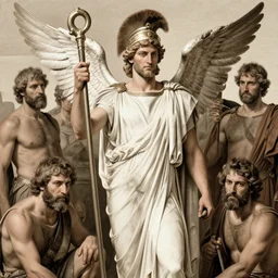 hermes, greek god of travel, holding his staff with wings, god of trade and travel, greek robe, trojan war, discordia, carl spitzweg, ismail inceoglu, vdragan bibin, hans thoma, greg rutkowski, alexandros pyromallis, perfect face, sharply focused, sharply detailed, centered, rule of thirds, realistic shading