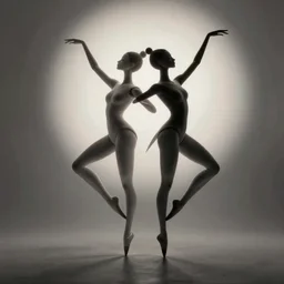 Two elegant humanoid creatures, stuck back to back, fused at the shoulders dancing on their pointy limbs. Award-winning digital art, trending on ArtStation