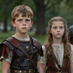 sharp, highly detailed, film from a 2 0 1 9 sci fi 8 k movie, time travelers appear in a park, a boy from the roman empire and a girl from 1 8 8 0, each wearing correct era clothes, atmospheric lighting, in focus, reflective eyes, 3 5 mm macro lens, live action, nice composition