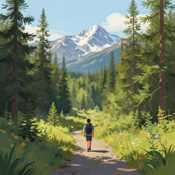 i walk in the wildernis of alaska on a trail in the forest, mountains in de background, volumetric lighting, summer, late morning, clear weather, few clouds, realistic illustration, perfectly shaded, soft painting, art by krenz cushart and wenjun lin