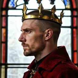detailed side - view portrait of a man wearing a simple crown, astral crown, crowned, stern expression, buzzcut, stubble, red coat, medieval stained glass window, masterful, facial detail, backlit